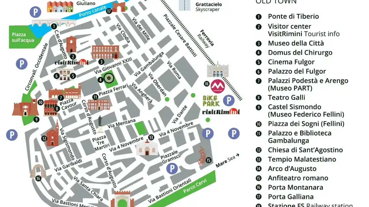 Mappa del centro storico di Rimini: scopri cosa fare a Rimini, tra monumenti, musei e il lungomare.
