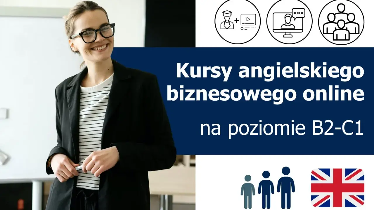 Uśmiechnięta kobieta w okularach zaprasza na kursy **business english online**. Rozwijaj karierę z nami!