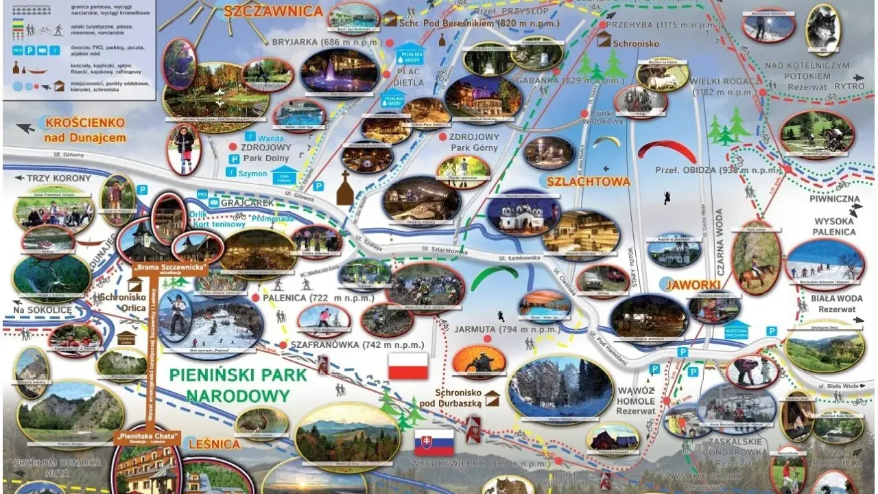 Mapa atrakcji turystycznych Szczawnicy i okolic. Znajdziesz tu szlaki piesze, rowerowe, narciarskie, punkty widokowe, schroniska i zabytki.