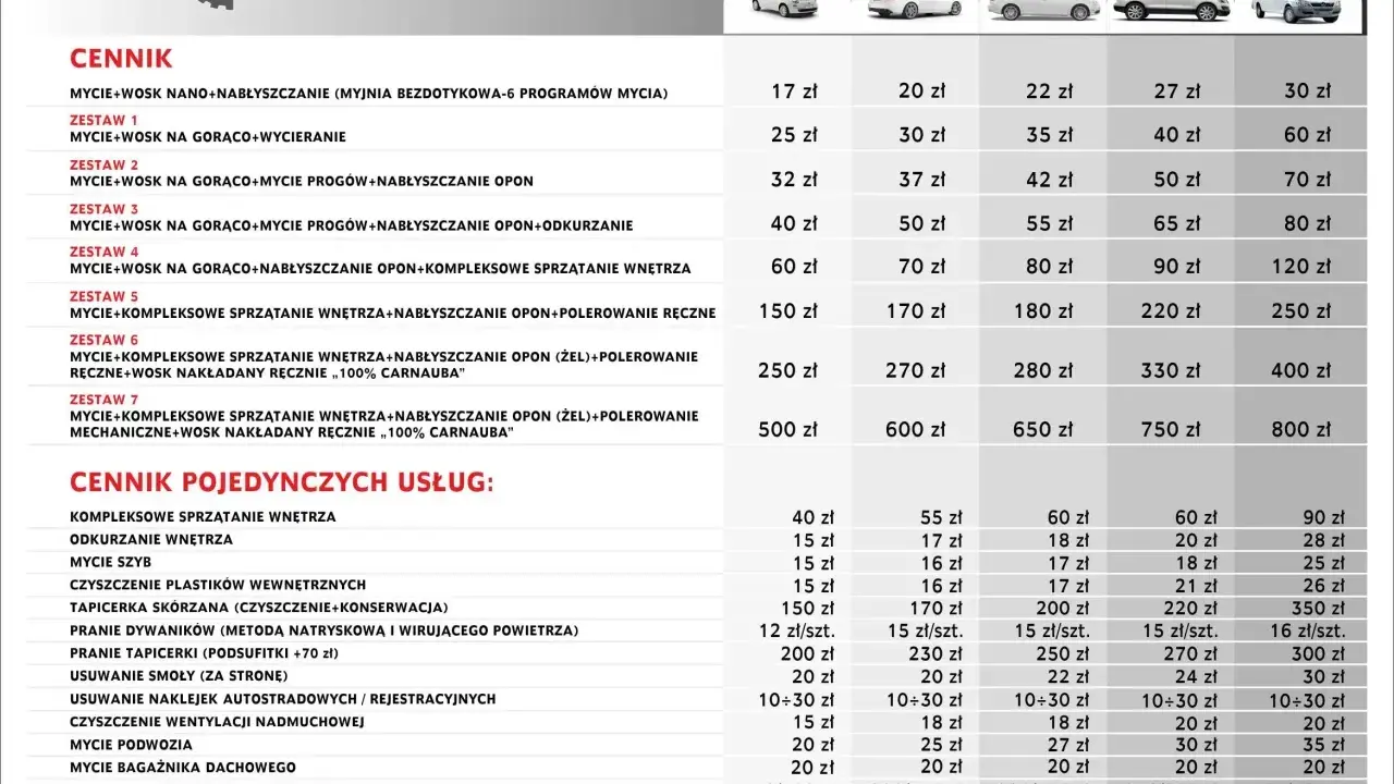 Cennik usług myjni ręcznej Techcar. Sprawdź ceny woskowania i kompleksowego sprzątania aut.
