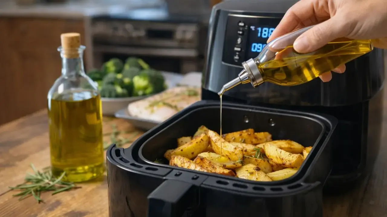 A mano vierte aceite de oliva virgen extra para cocinar sobre patatas en una freidora de aire.