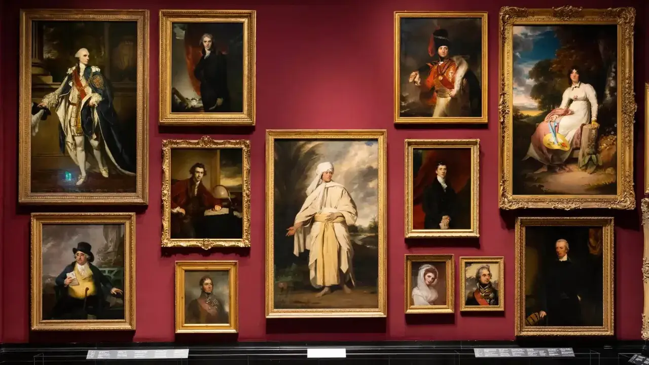 A gallery wall displays several portraits, including a striking portrait of Omai in traditional attire, surrounded by other historical figures.