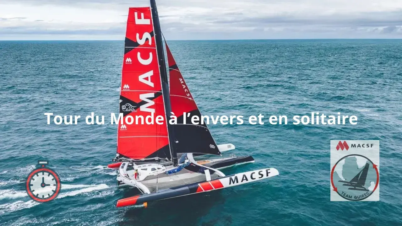 Trimaran MACSF en pleine mer, prêt pour un tour du monde à l'envers et en solitaire. SVR Lazartigue, un défi audacieux.