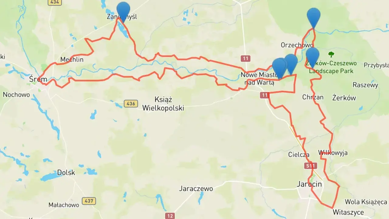 Trasa rowerowa Poznań-Jarocin, wiodąca przez Śrem, Mechlin, Nowe Miasto nad Wartą, Orzechowo i Jarocin.
