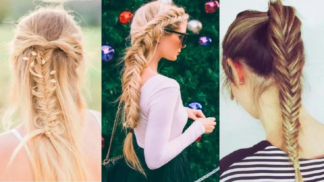 Tres peinados con trenza de espiga: uno recogido con adornos, otro lateral largo y uno recogido en coleta alta.