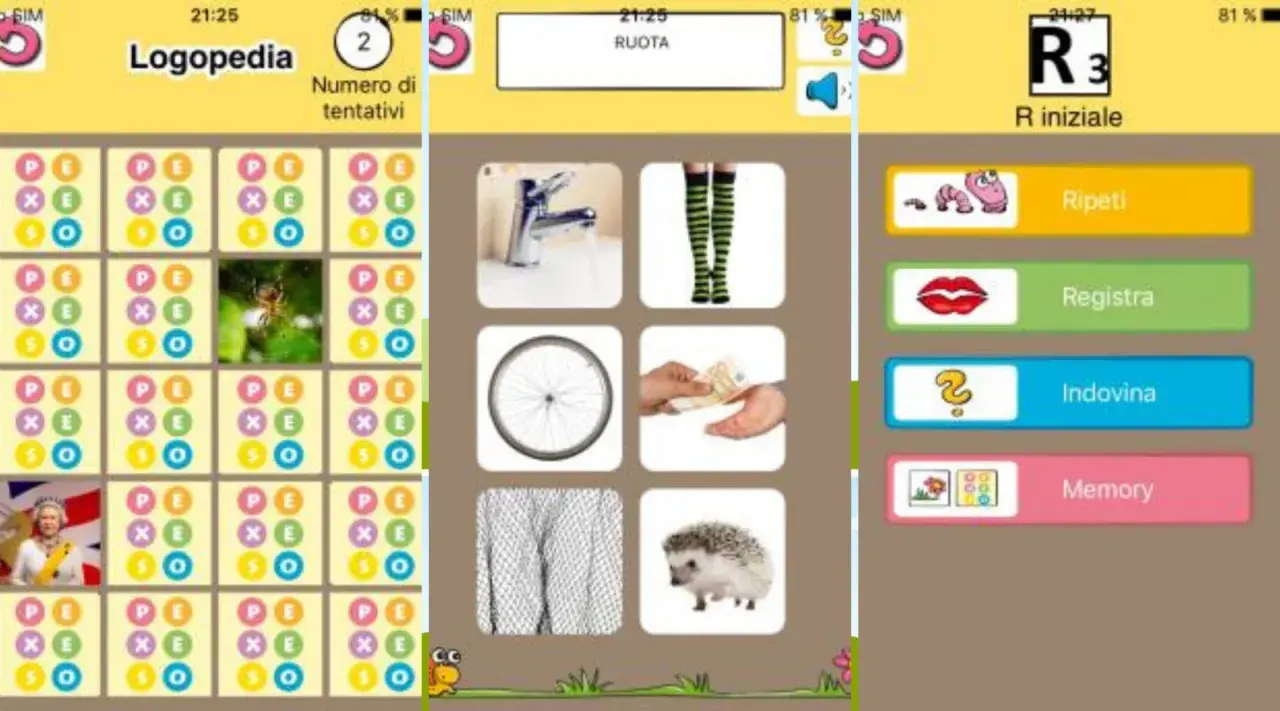 App per esercizi di logopedia per bambini di 3 anni: memory, ripeti, registra e indovina con immagini come ruota, rubinetto e riccio.
