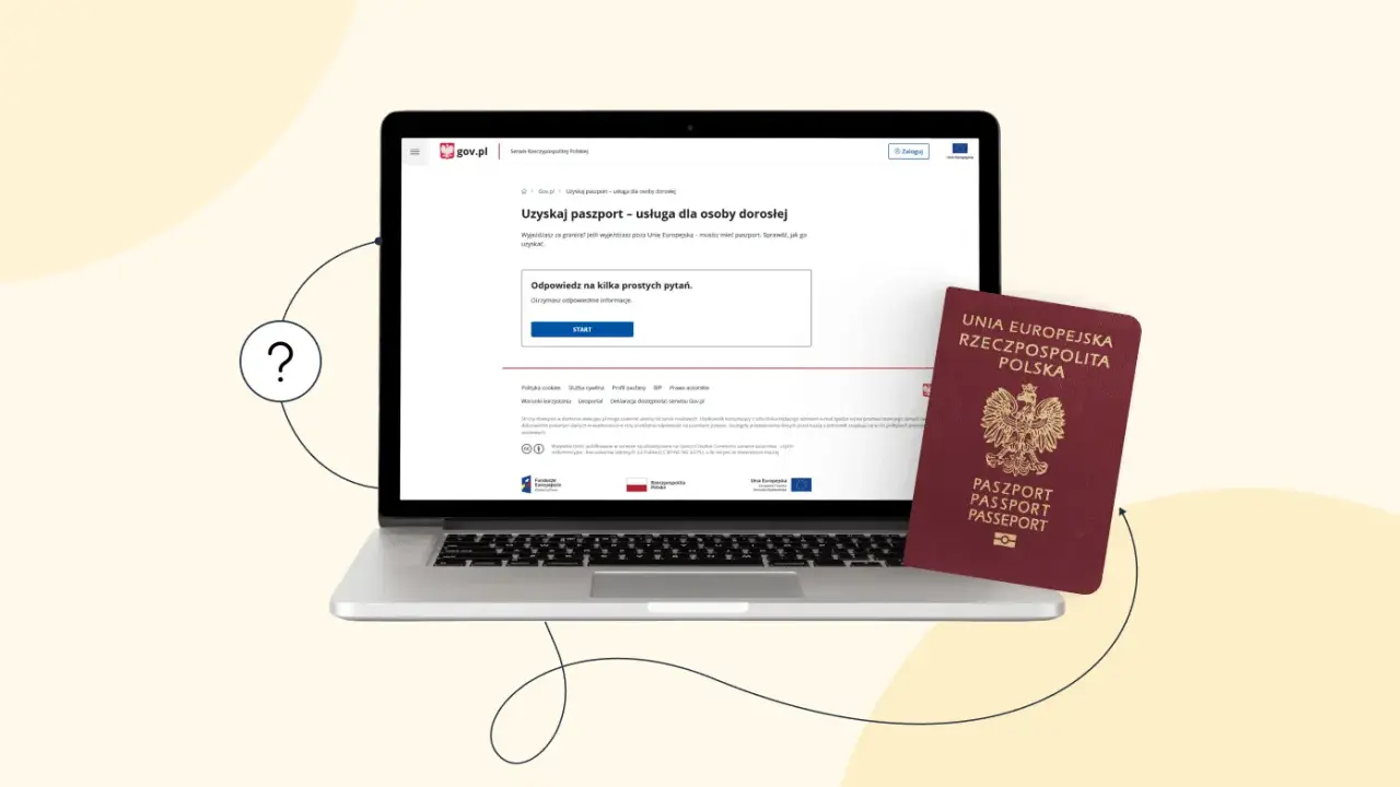 Wniosek o paszport online na gov.pl. Obok laptopa leży paszport.