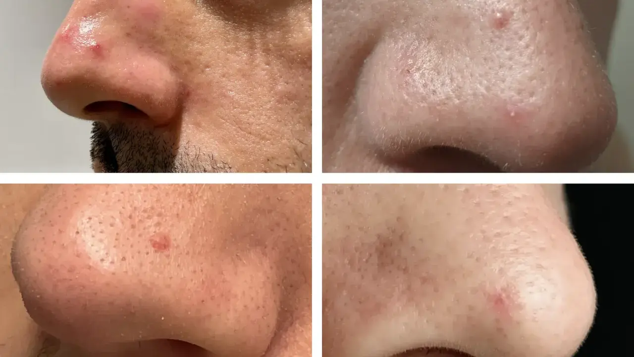 Gros plans sur le nez montrant des rougeurs et des imperfections. Ces images sont utiles pour un diagnostic peau.