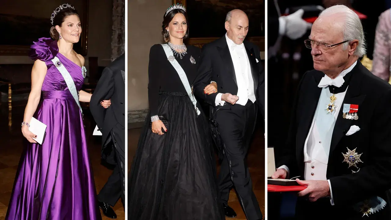 Prinsessan Sofia i svart klänning och tiara, vid sidan av en man i frack. Till vänster prinsessan Victoria i lila klänning. Till höger en man med medaljer. Nobel.