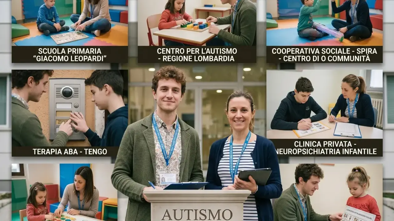 Scena di terapia ABA e autismo, con bambini e terapisti impegnati in attività educative. Il chiasmo significato è evidente nella struttura delle immagini, che riflettono un approccio olistico.