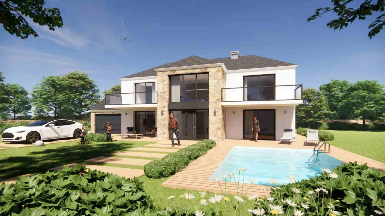 Une maison individuelle moderne avec piscine, conçue par un architecte, avec une voiture électrique et des enfants jouant.