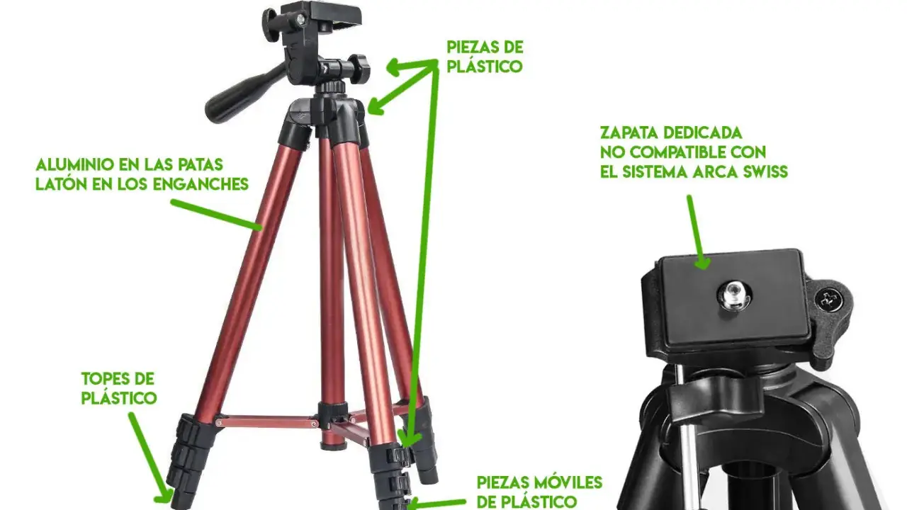 Detalle de las partes de un trípode: aluminio en patas, latón en enganches, topes y piezas móviles de plástico. Zapata dedicada no compatible con Arca Swiss.