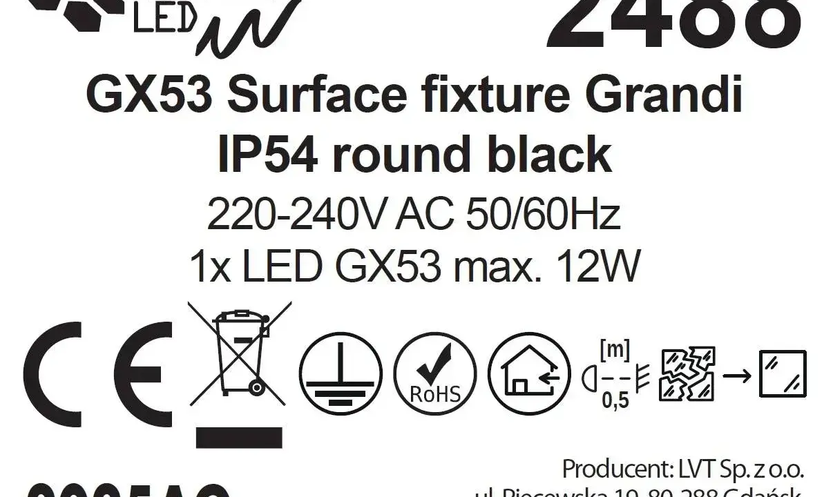 Oprawa GX53 Grandi, IP54, okrągła, czarna. Zasilanie 220-240V AC, 1x LED GX53 max. 12W. Certyfikaty CE, RoHS.