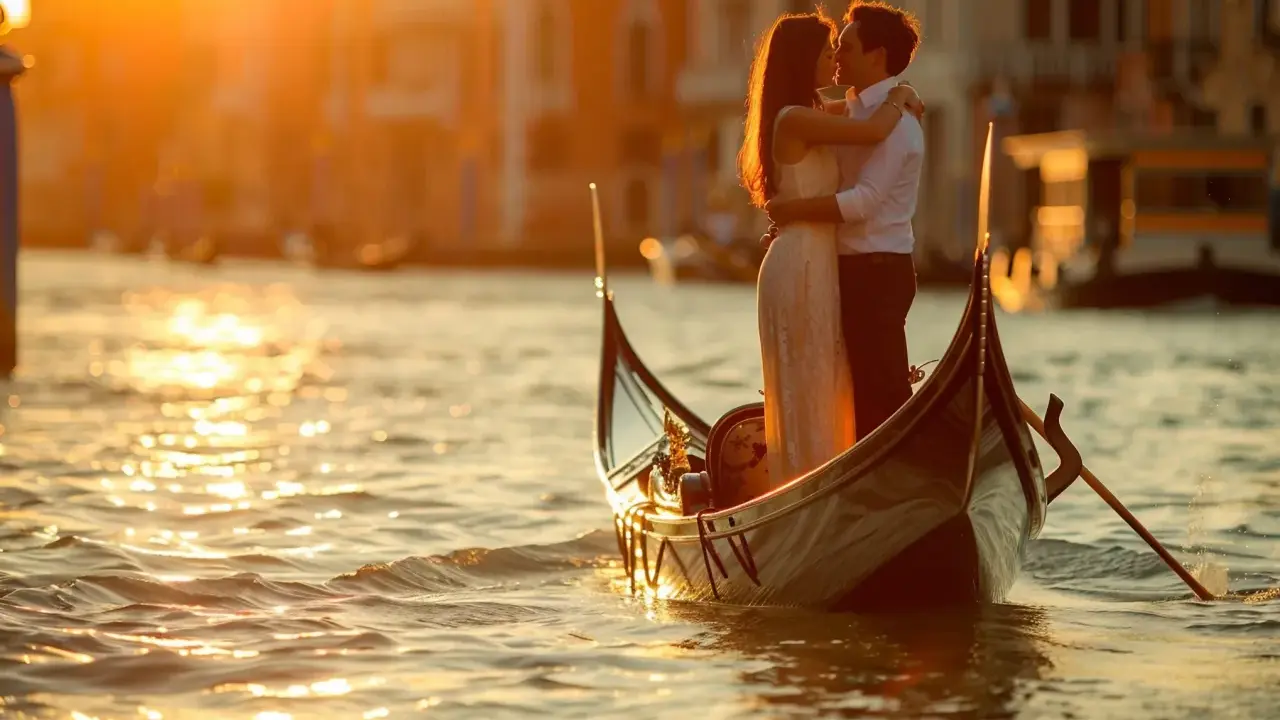 Un couple s'embrasse tendrement dans une gondole, baigné par la lumière dorée du coucher de soleil. Venise, ville des amoureux, offre un cadre idyllique pour cet instant magique.