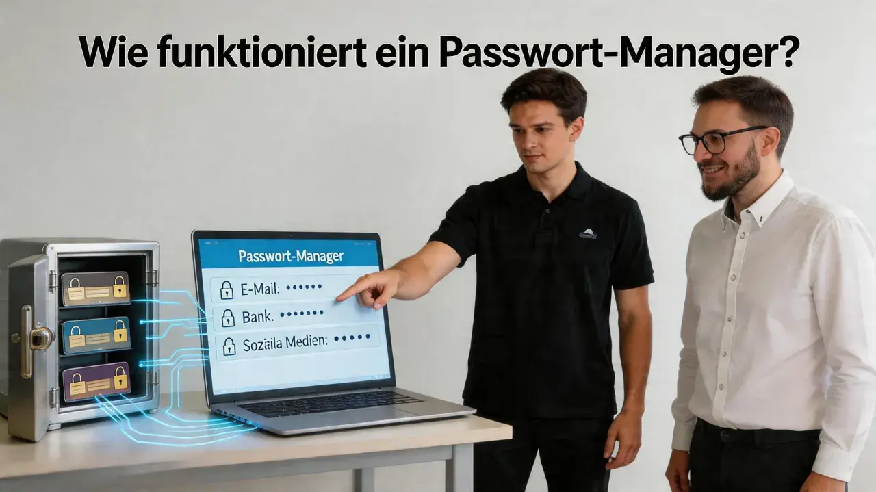 Ein Mann erklärt, wie funktioniert ein Passwort-Manager. Ein Tresor mit Passwort-Karten und ein Laptop zeigen die sichere Speicherung von Zugangsdaten.