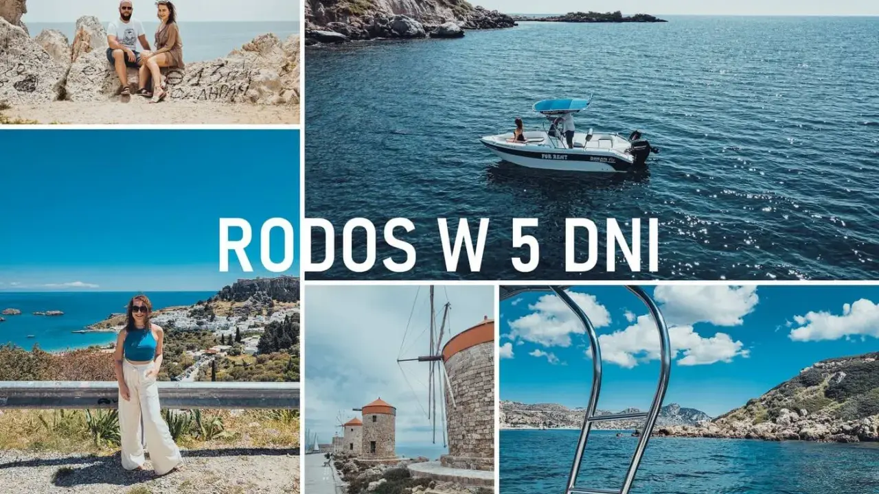 Rodos atrakcje: para na skałach, łódź na morzu, widok na Lindos, wiatraki, kąpiel w morzu.