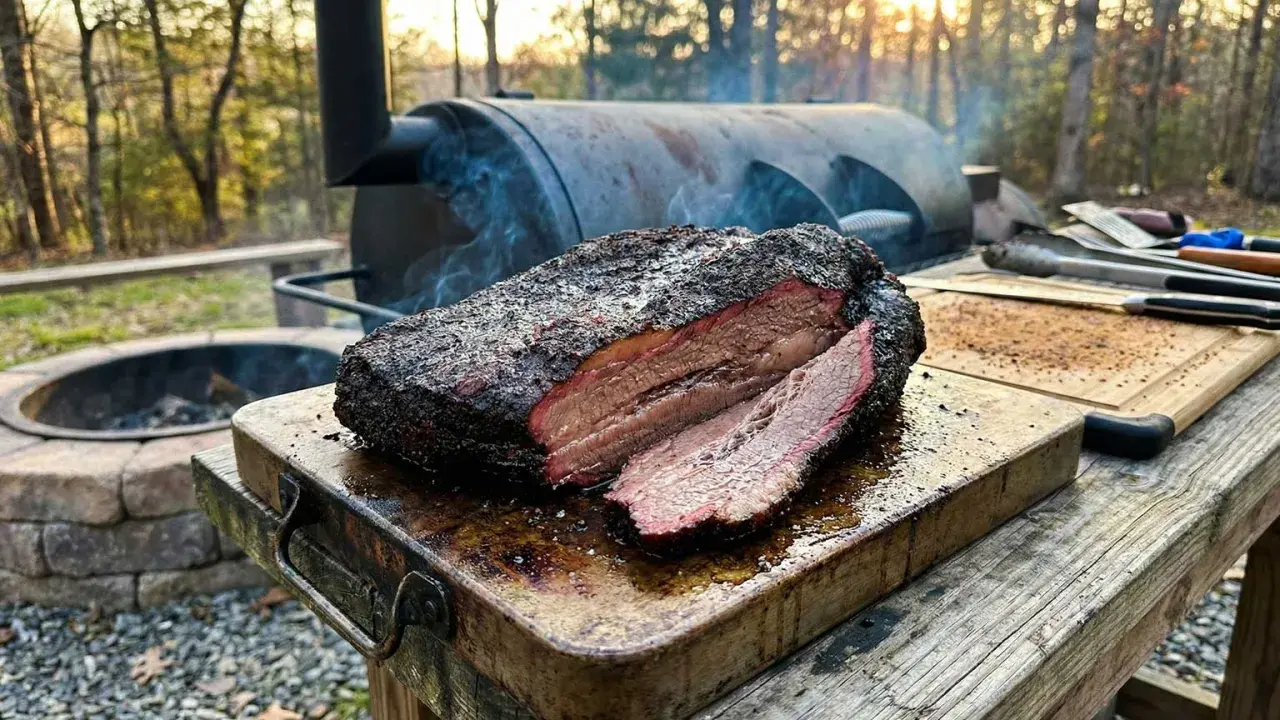 Perfekter Brisket Smoker-Duft liegt in der Luft. Ein saftiges, geräuchertes Brisket ruht auf einem Holzbrett, bereit zum Servieren.