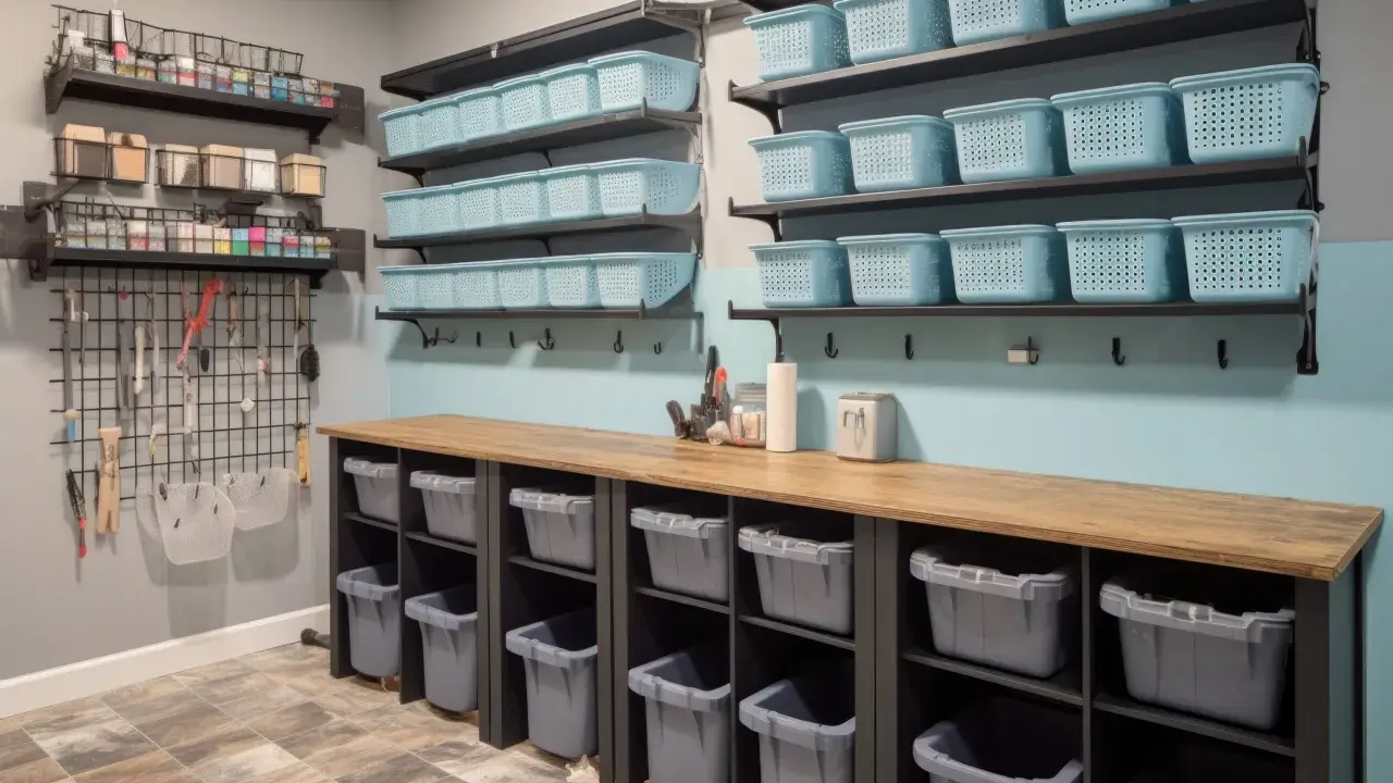 Des étagères bleues et grises organisent l'espace, parfait pour savoir comment stocker des vêtements dans un garage. Des paniers et bacs pour un rangement optimal.
