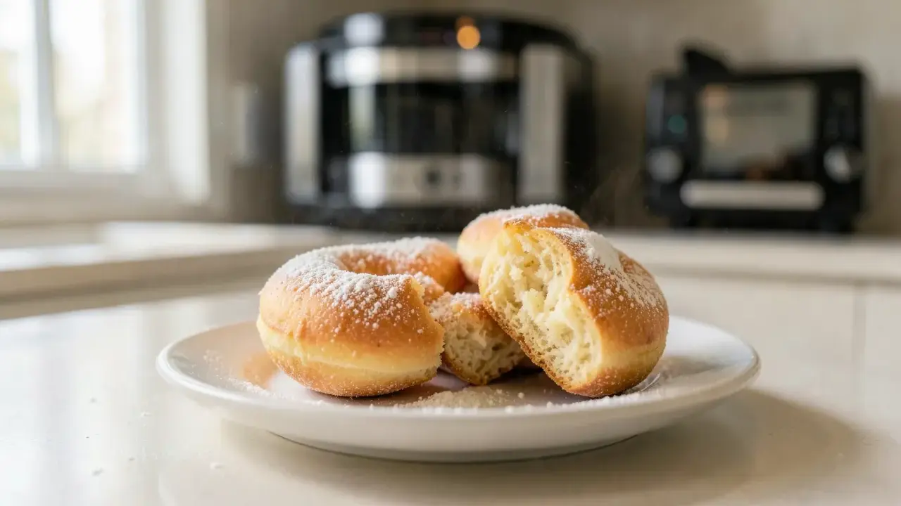 Assiette de pâte à beignets saupoudrée de sucre glace, prête à être dégustée.