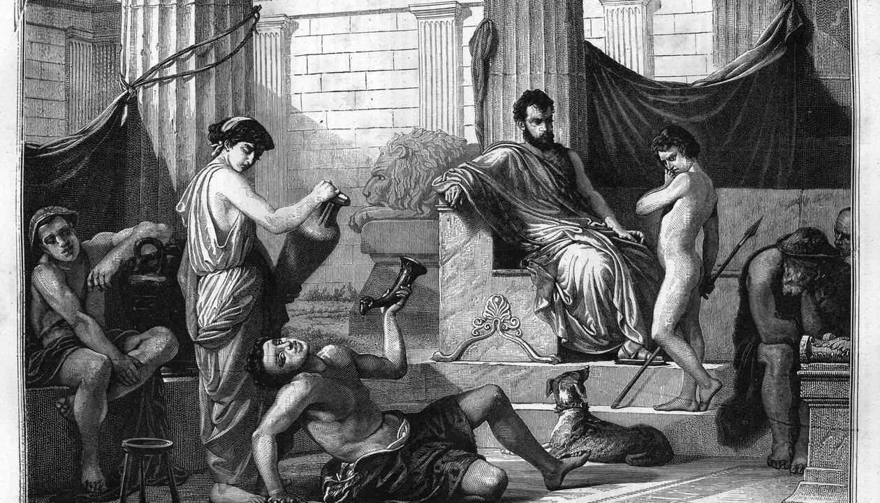 Szene der spartanischen Erziehung: Ein Mann auf einem Thron, umgeben von jungen Männern, die trainieren und lernen.