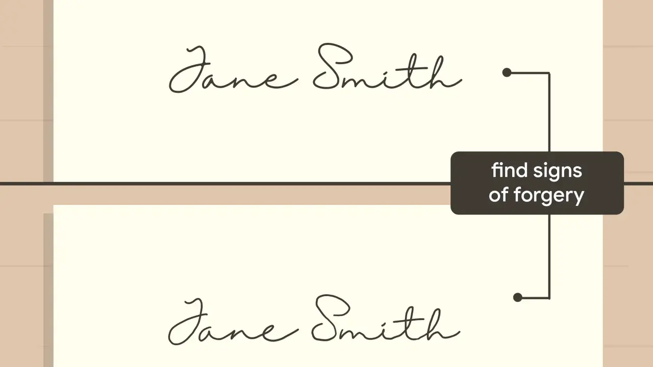 Due firme "Jane Smith" a confronto, con una freccia che indica "trova segni di falsificazione". La grafologia ne svela il significato.