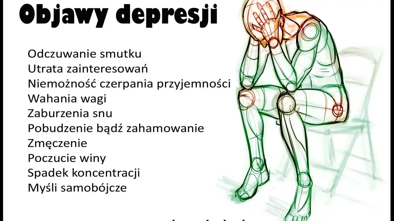 Jak zaczyna się depresja: smutek, utrata zainteresowań, problemy ze snem, zmęczenie, poczucie winy. Ilustracja przedstawia siedzącą, przygnębioną postać.