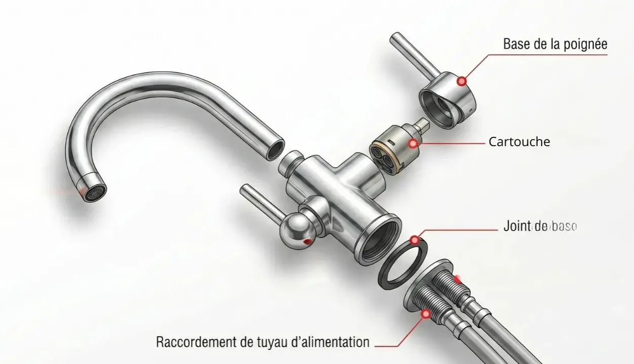 Schéma d'un robinet mitigeur démonté : bec, cartouche, joint, raccords d'alimentation.