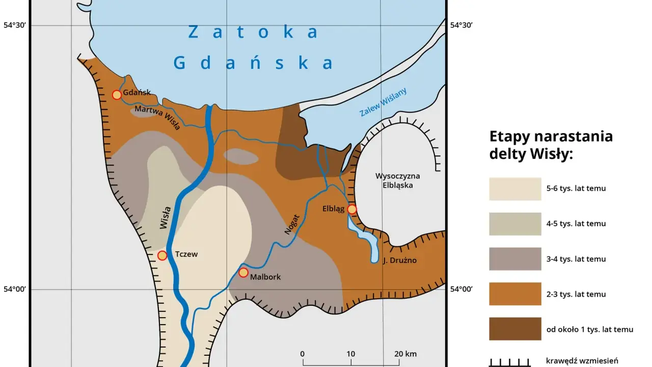 Mapa przedstawia etapy narastania delty Wisły, ukazując rozwój Żuław Wiślanych na przestrzeni tysięcy lat.