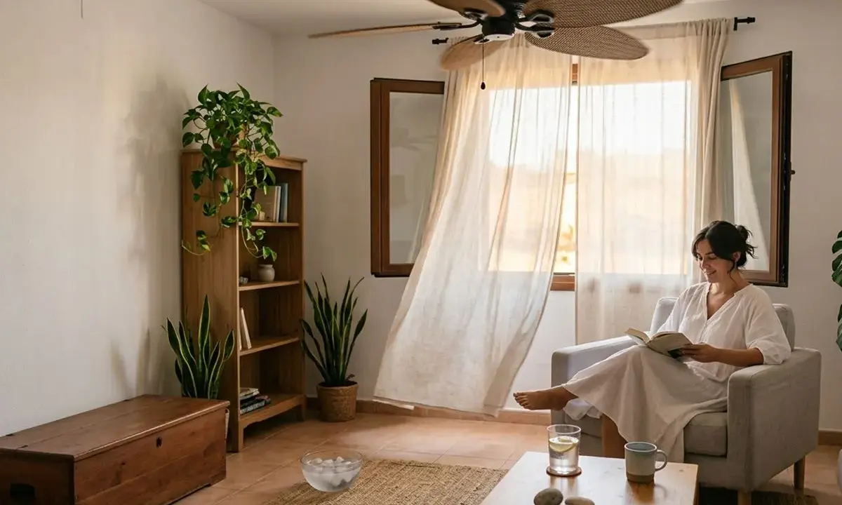 Mujer leyendo en sillón, con ventilador de techo y cortinas movidas por la brisa, una forma natural de como refrescar una habitación.
