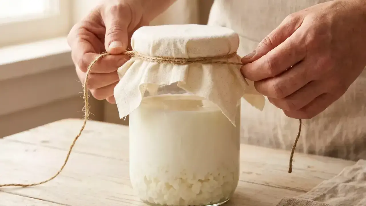 Hände binden ein Tuch mit Schnur um ein Glas mit Kefir-Körnern und Milch. So einfach kann man Kefir selber machen.