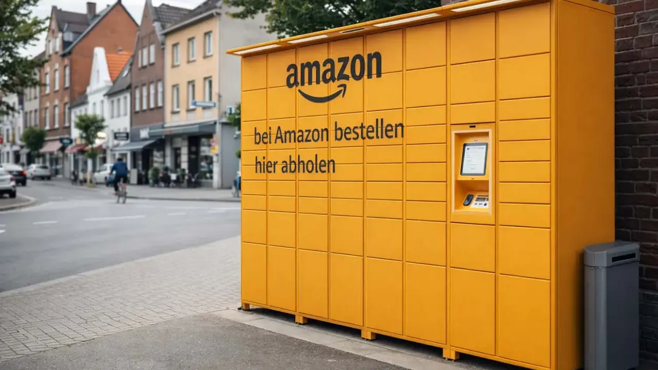 Żółty automat paczkowy Amazon na niemieckiej ulicy. Wygodne odbieranie zamówień z portali ogłoszeniowych Niemcy.