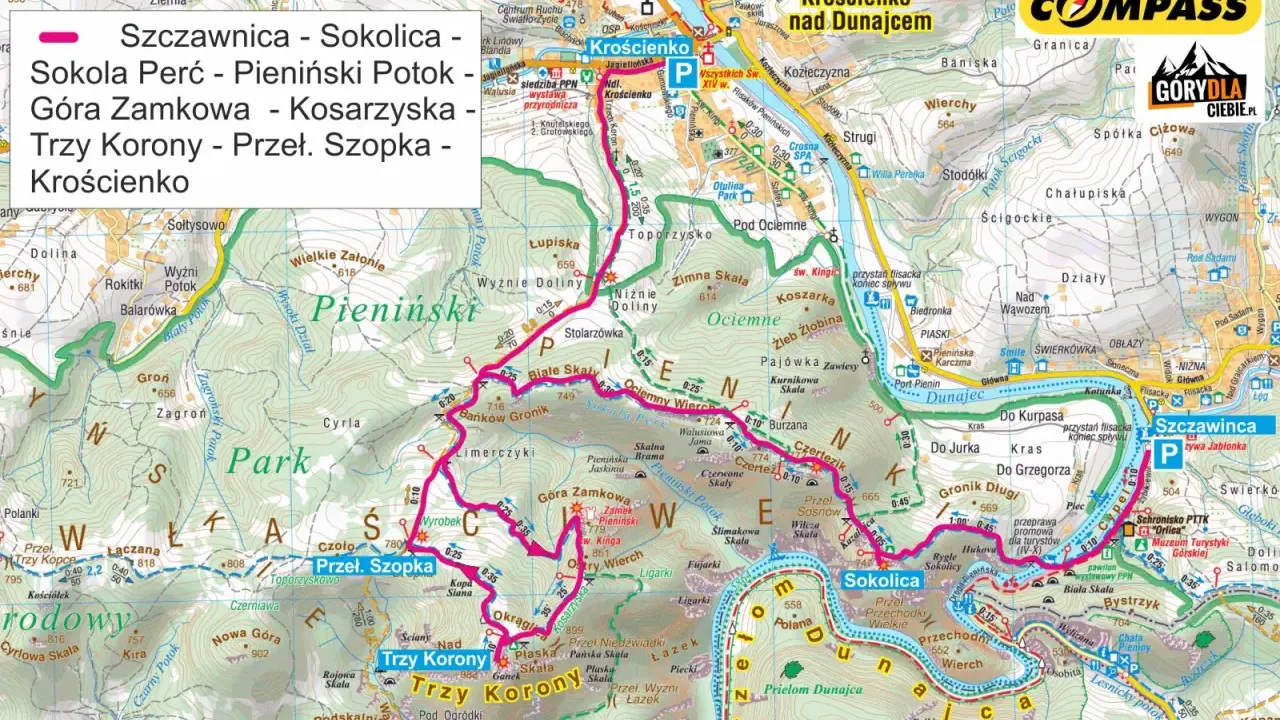 Mapa turystyczna Pienin z zaznaczonymi szlakami, w tym trasą Szczawnica - Trzy Korony.