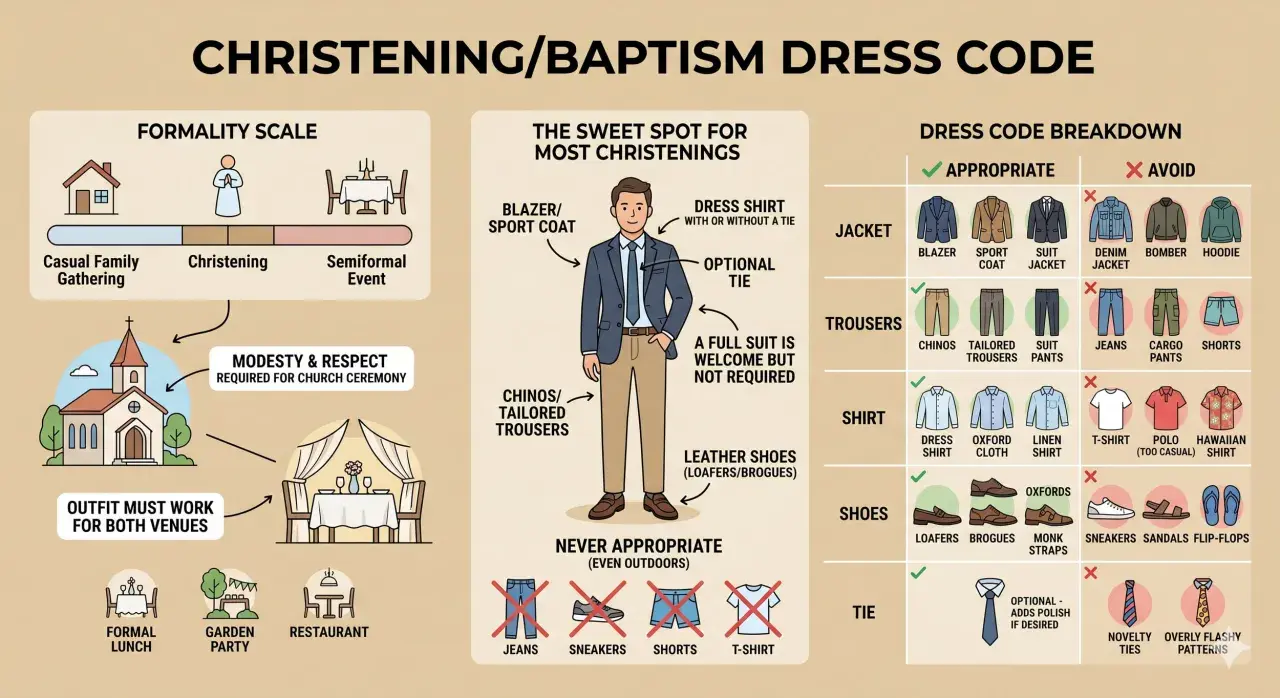 Guide to what to wear to a christening: opt for a blazer, dress shirt, chinos, and leather shoes. Avoid jeans, sneakers, and t-shirts.