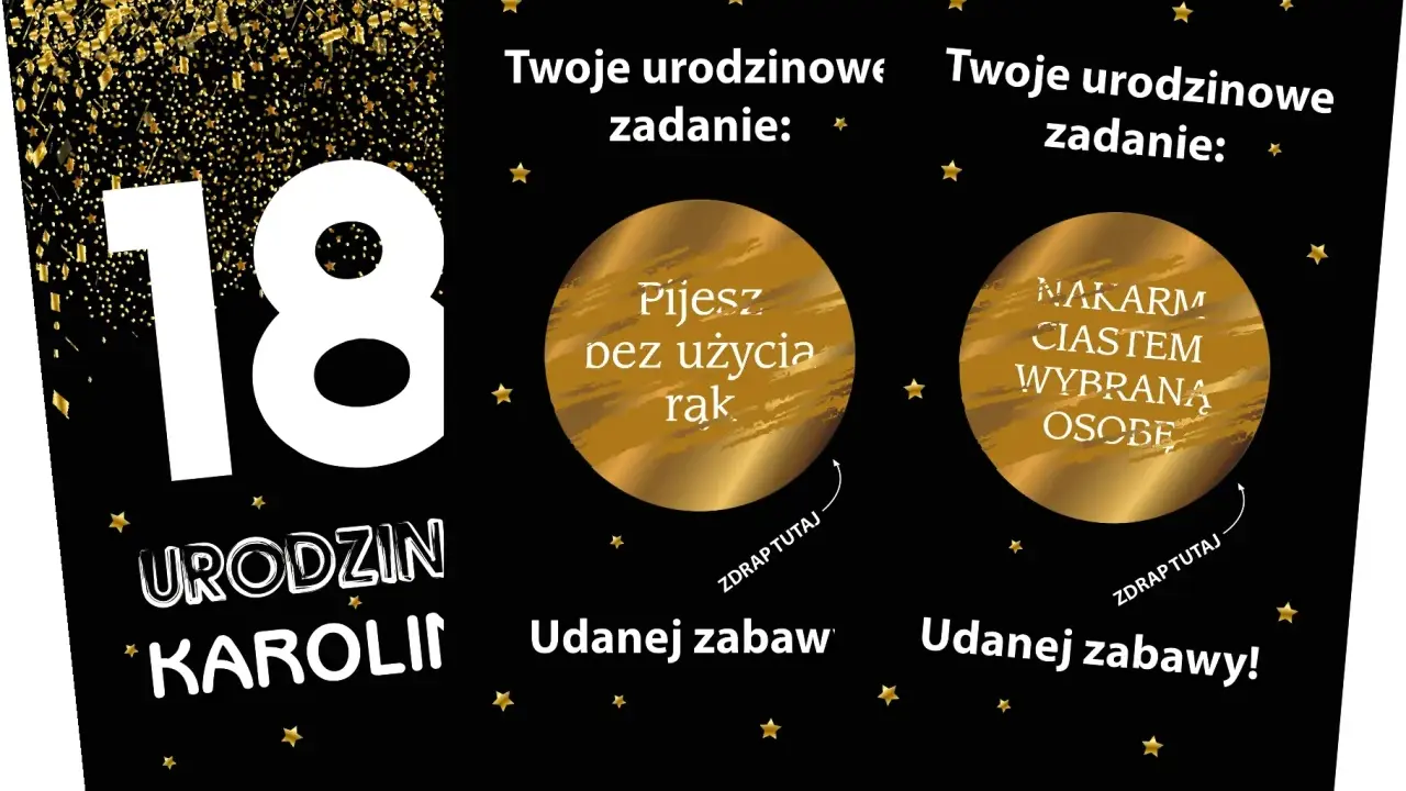 Złote karty z zadaniami na 18 urodziny: "Pijesz bez użycia rąk" i "Nakarm ciastem wybraną osobę". Udanej zabawy!
