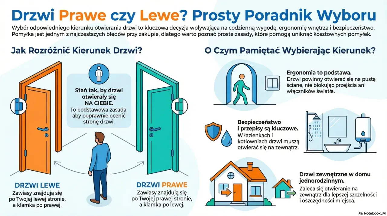 Drzwi prawe czy lewe? Ilustracja pokazuje, jak rozróżnić kierunek otwierania drzwi, uwzględniając ergonomię i bezpieczeństwo.