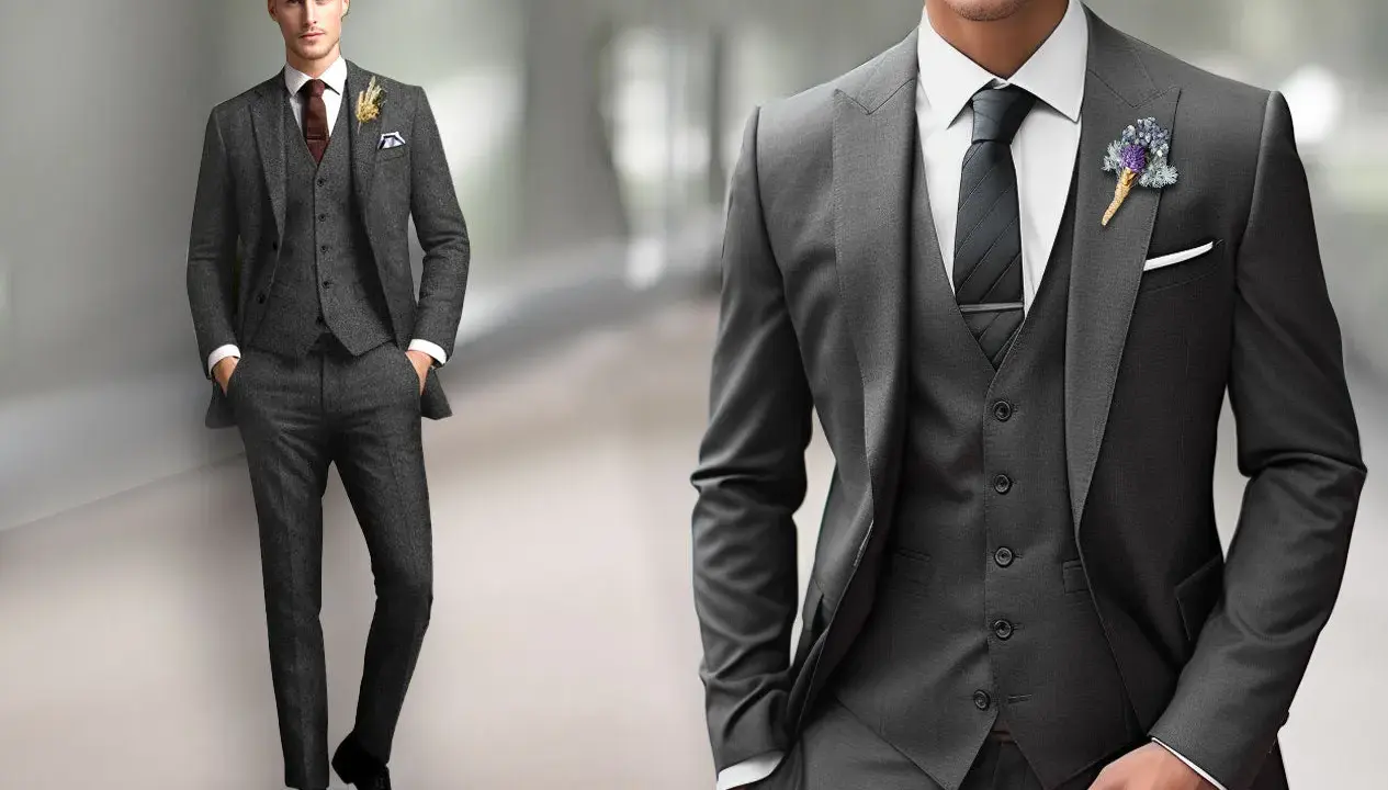 A man models a sharp grey suit with a white dress shirt, dark tie, and boutonnière. Perfect for any formal occasion.