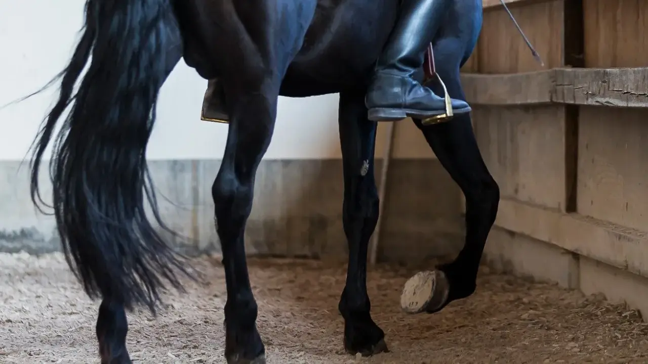 Ein schwarzes Pferd mit langer Mähne bewegt sich im Kreis. Der Reiter trägt schwarze Reitstiefel und sitzt auf dem **schenkelweichen Pferd**.