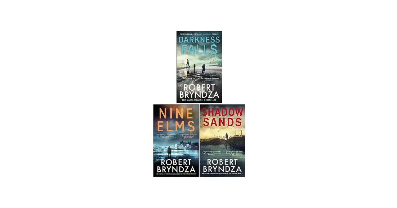 Copertine di libri di Robert Bryndza: "Darkness Falls", "Nine Elms" e "Shadow Sands". Thriller avvincenti.