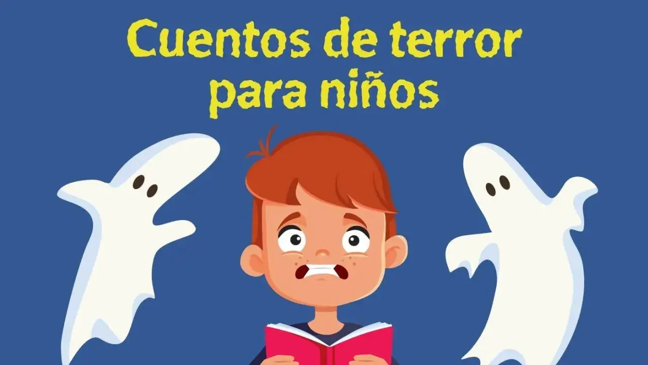 Un niño asustado lee un libro de cuentos de terror para niños, rodeado de fantasmas juguetones.