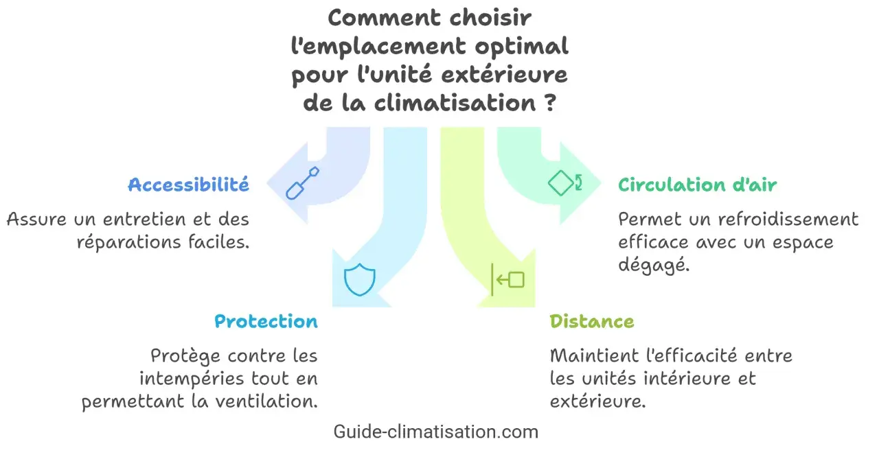 Schéma expliquant où placer unité extérieure climatisation : accessibilité, protection, circulation d'air et distance sont clés.