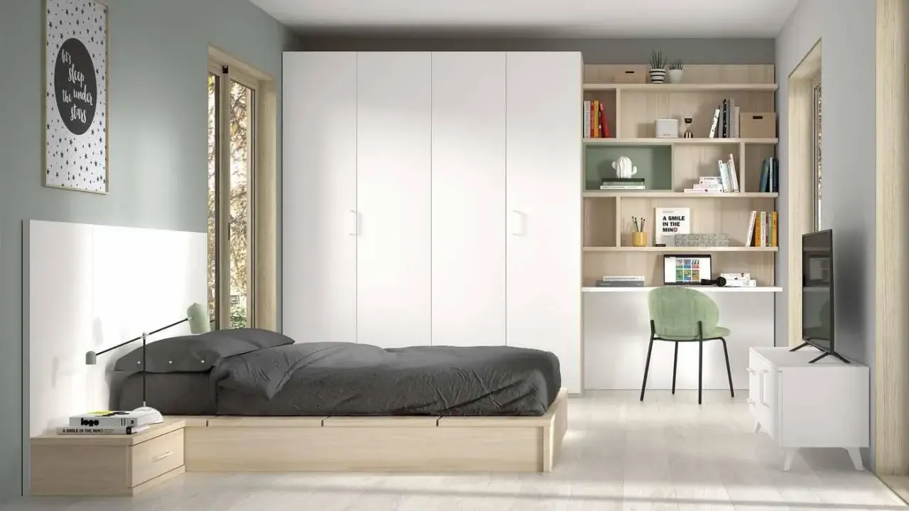 Habitación moderna con cama juvenil 135x190, armario blanco, escritorio y estanterías.