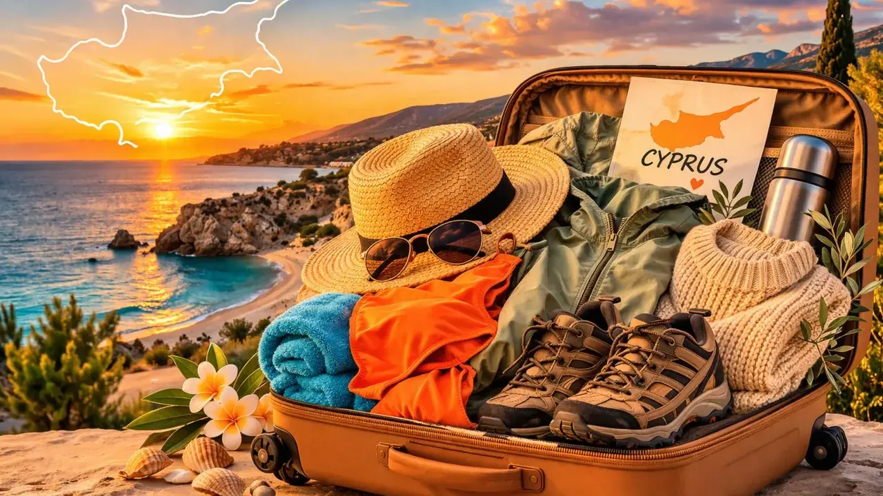 Walizka gotowa na Cypr: kapelusz, okulary, strój kąpielowy, ręcznik, buty trekkingowe, sweter i termos. Idealne rzeczy, co zabrać na Cypr!