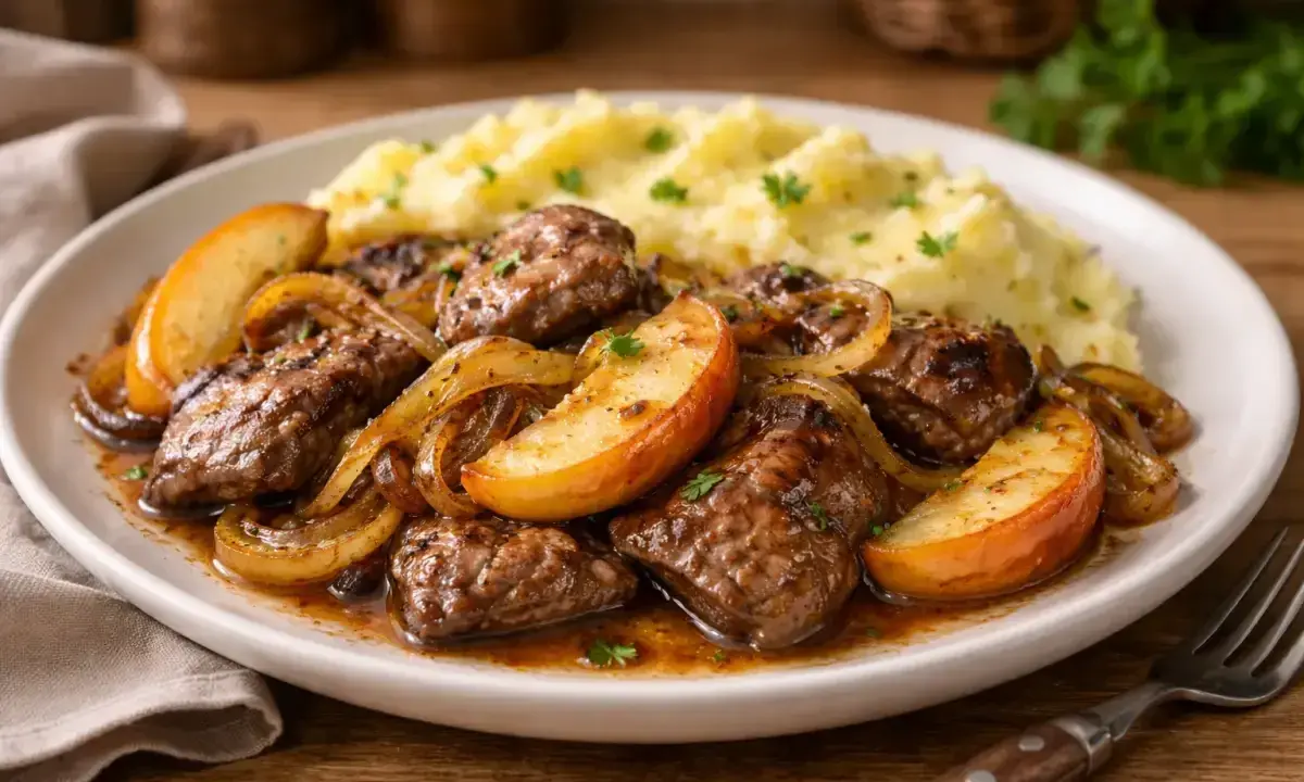 Wątróbka z jabłkiem i cebulką w sosie, podana z purée ziemniaczanym. Pyszne danie, które rozpływa się w ustach.