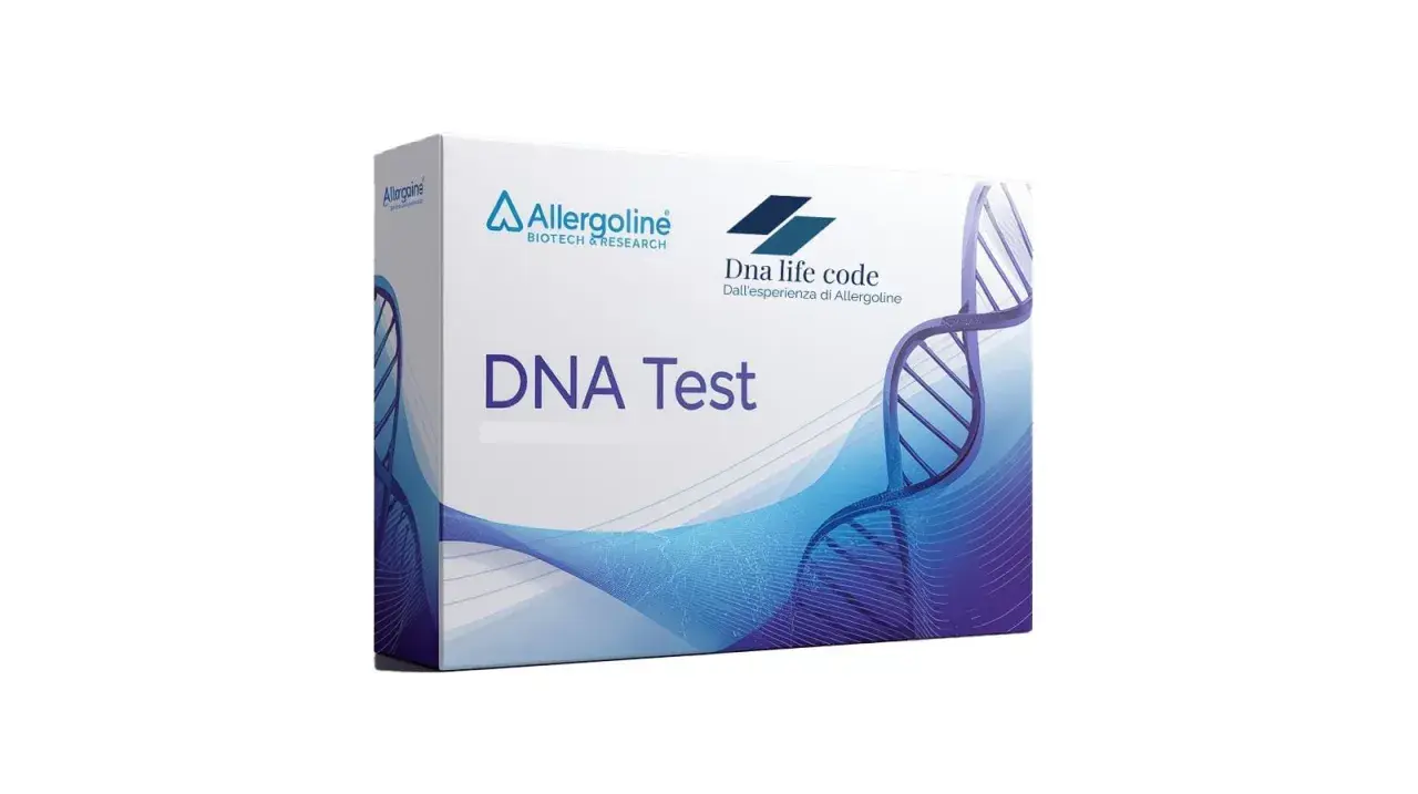 Scatola di un test del DNA di Allergoline, con il significato della delezione genetica implicito nella sua analisi.