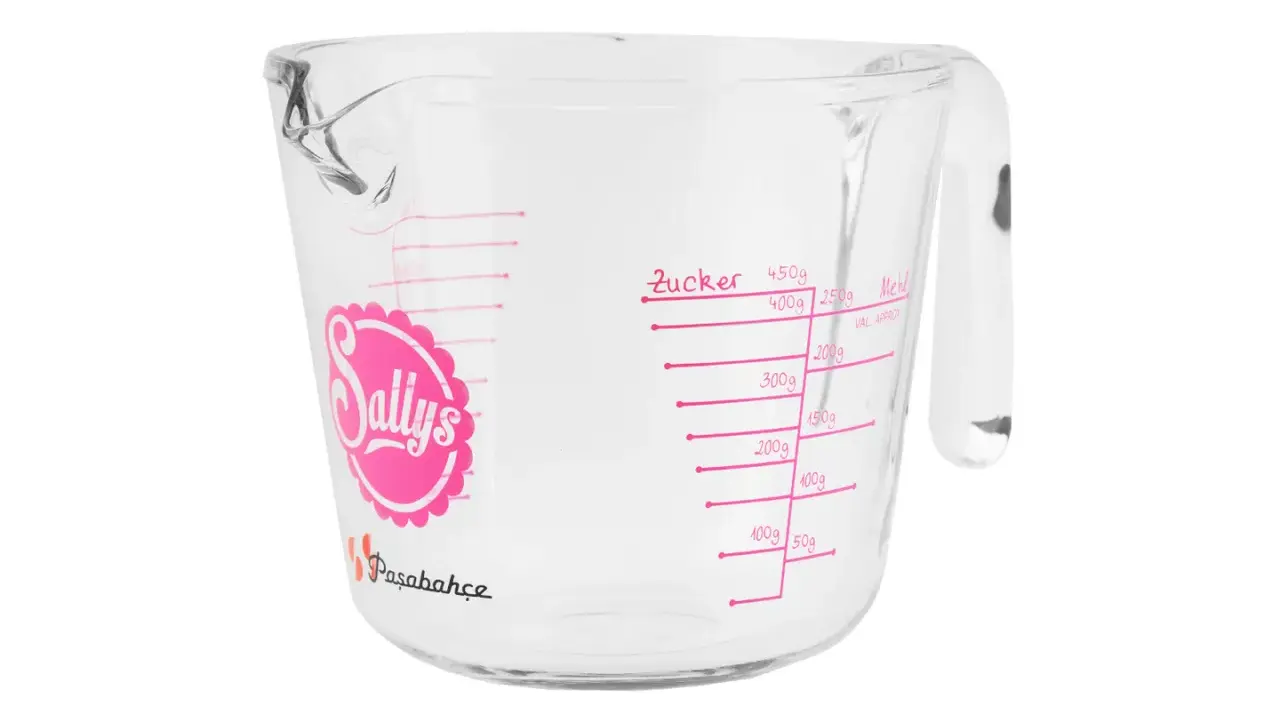 Glas-Messbecher mit rosa Markierungen für Zucker und Mehl. Ideal, um 1 ml abzumessen ohne Messbecher.