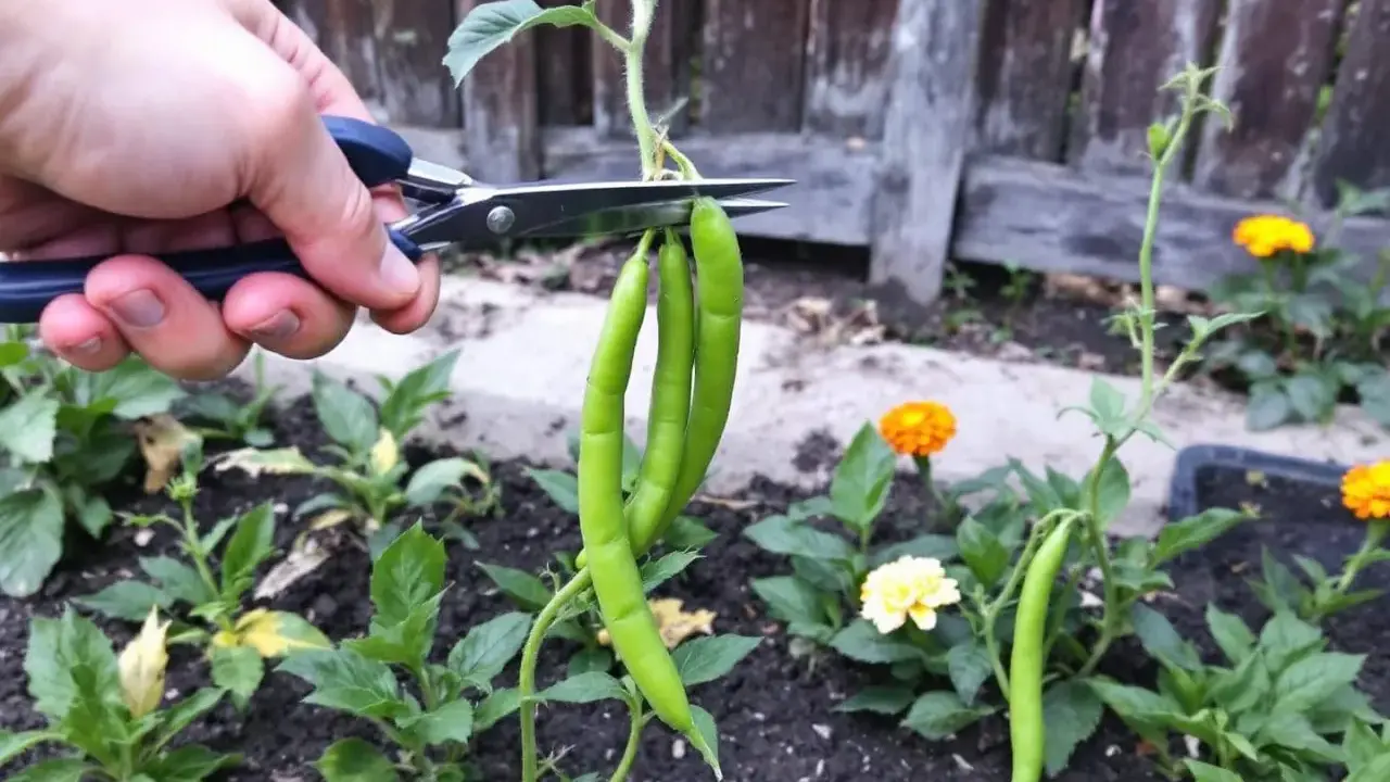 Main verte, on coupe des haricots verts pour les semer.