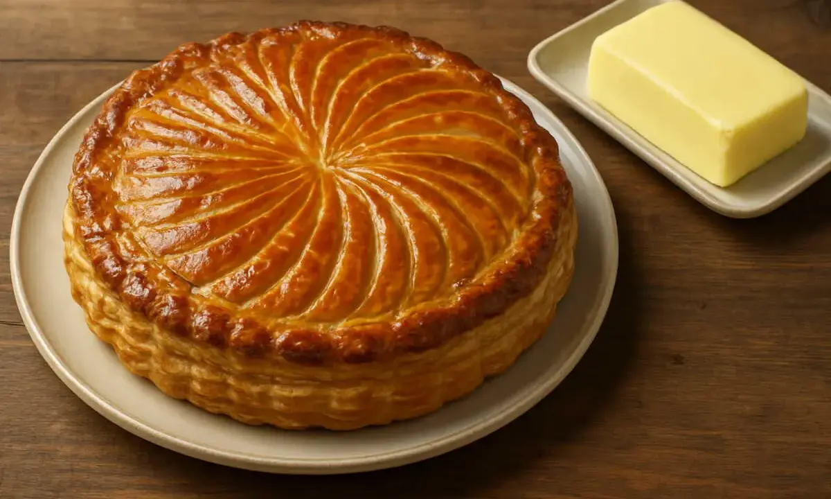 Une belle galette frangipane noisette dorée, prête à être dégustée, avec une plaquette de beurre à côté.
