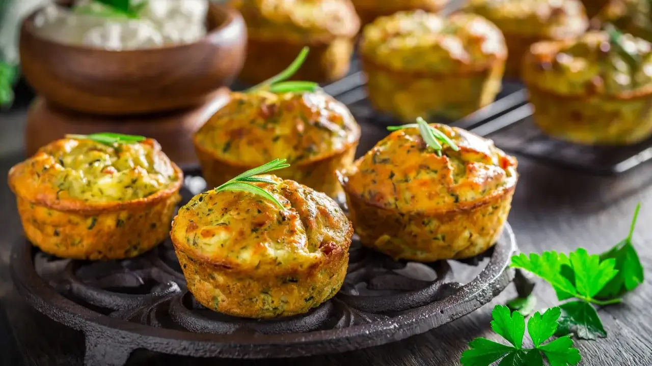 Tortini di zucchine dorati e fragranti, guarniti con rosmarino, pronti per essere gustati.