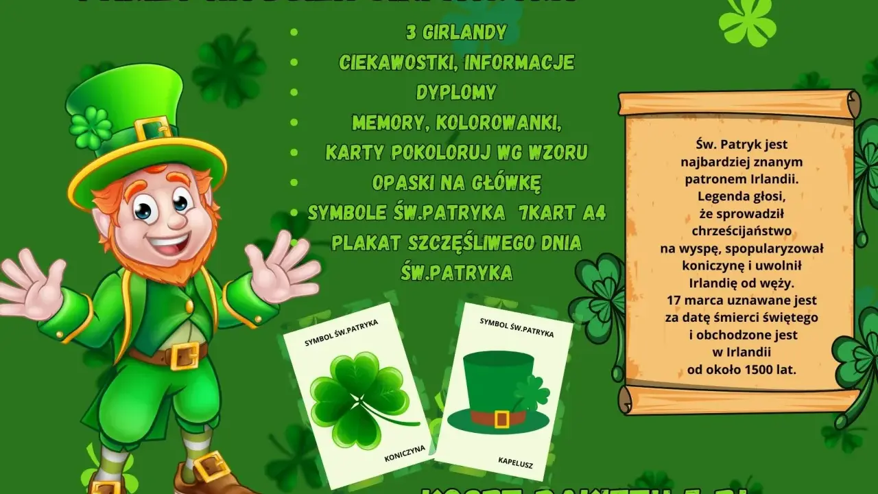 Zielony pakiet na Dzień Św. Patryka: skrzat, koniczyna, kapelusz, girlandy, ciekawostki, dyplomy, memory, kolorowanki, opaski. Symbole Św. Patryka.