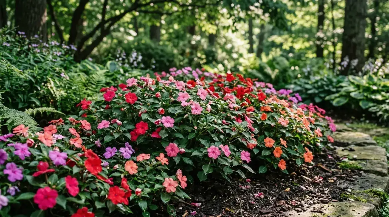 A vibrant bed of growing impatiens in shades of pink, red, and orange blooms along a stone path, nestled amongst lush green foliage and trees.
